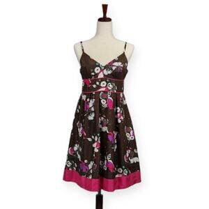 GUESS Silk Fit and Flare Sundress Vintage Y2K Brown Pink Floral Size 9
